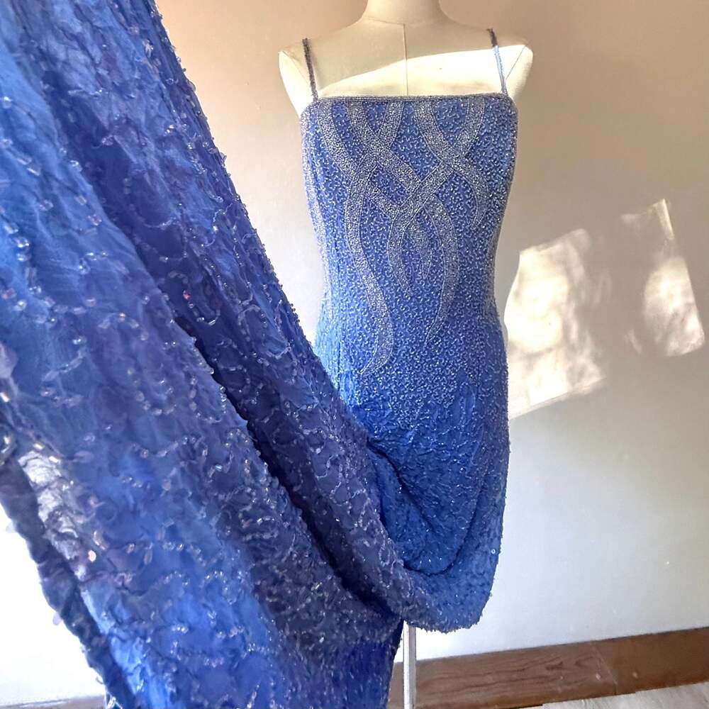 Vintage Blue Fully Beaded 100% Silk Maxi Column Evening Gown